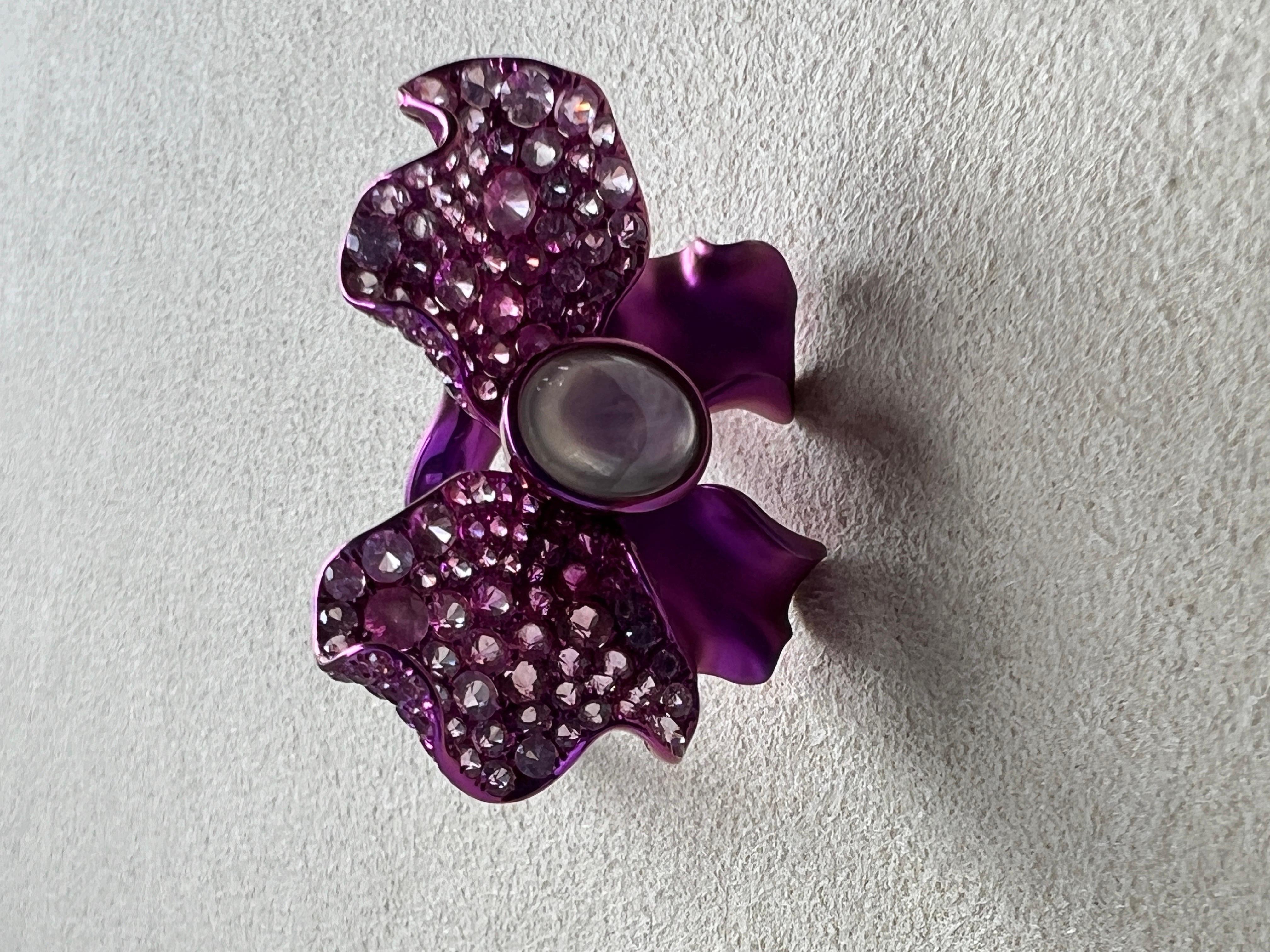 Purple Titanium icy jadeite cabochon with pink sapphire ring For Sale 1
