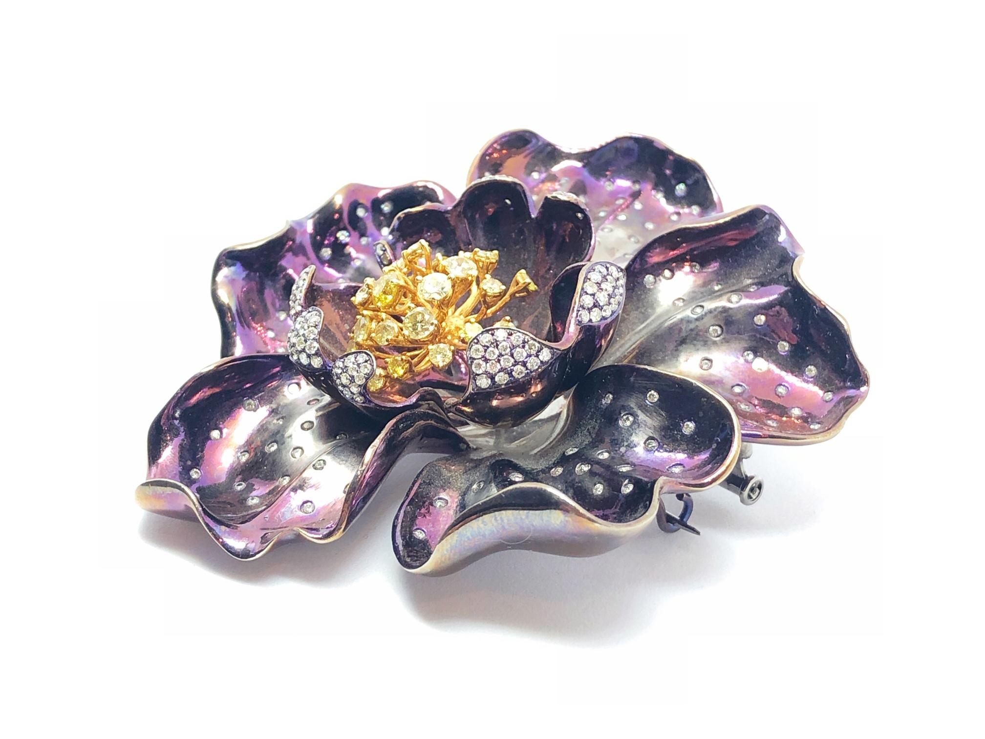 Purple Titanium White and Yellow Diamond Flower Brooch, 2010 In New Condition In London, GB