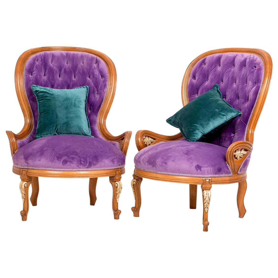 Purple Tufted Bergère Armchair '2-Chair Set', 20th Century For Sale
