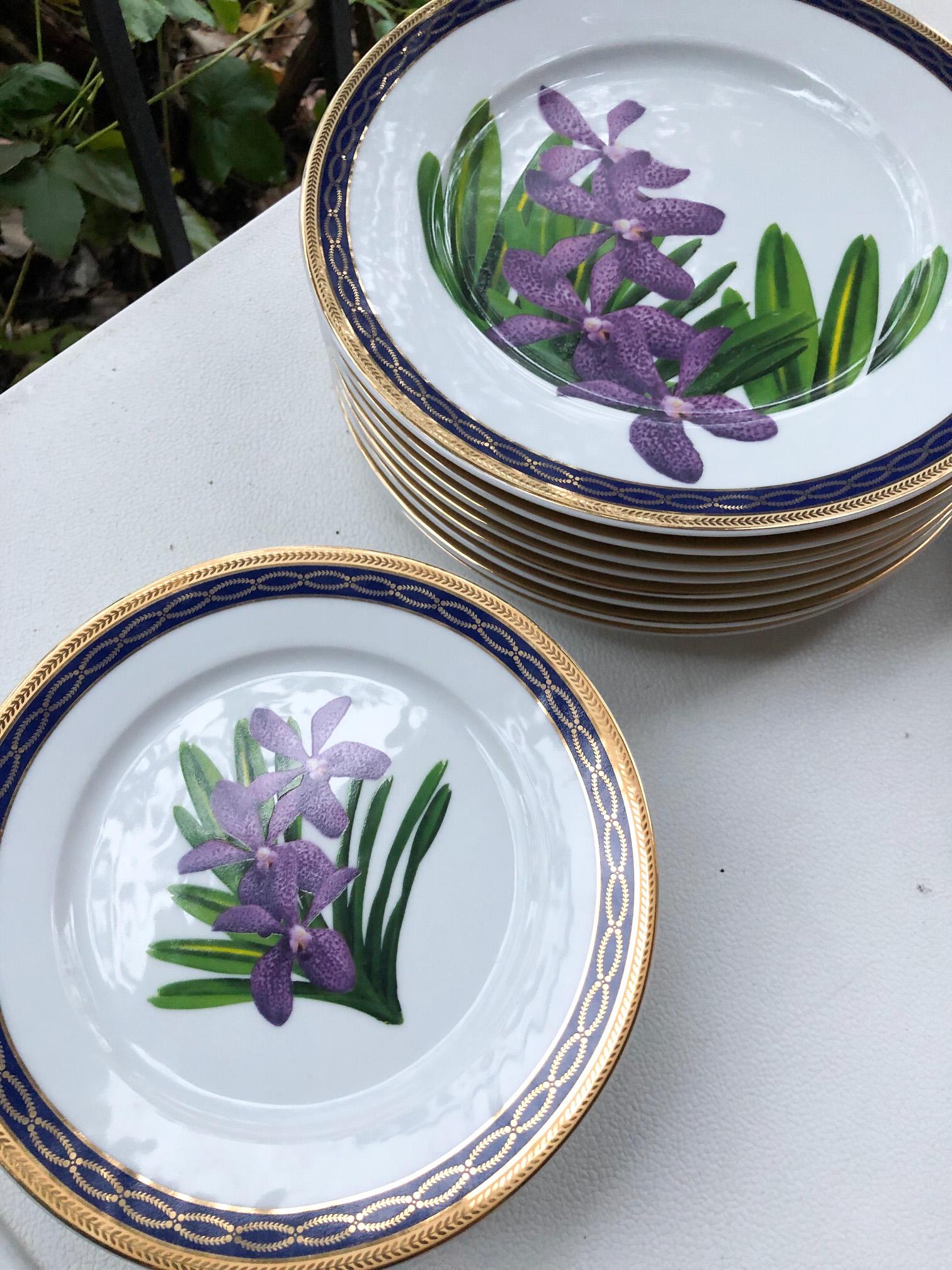 Art Nouveau Purple Vanda Orchid China Service for 8 For Sale