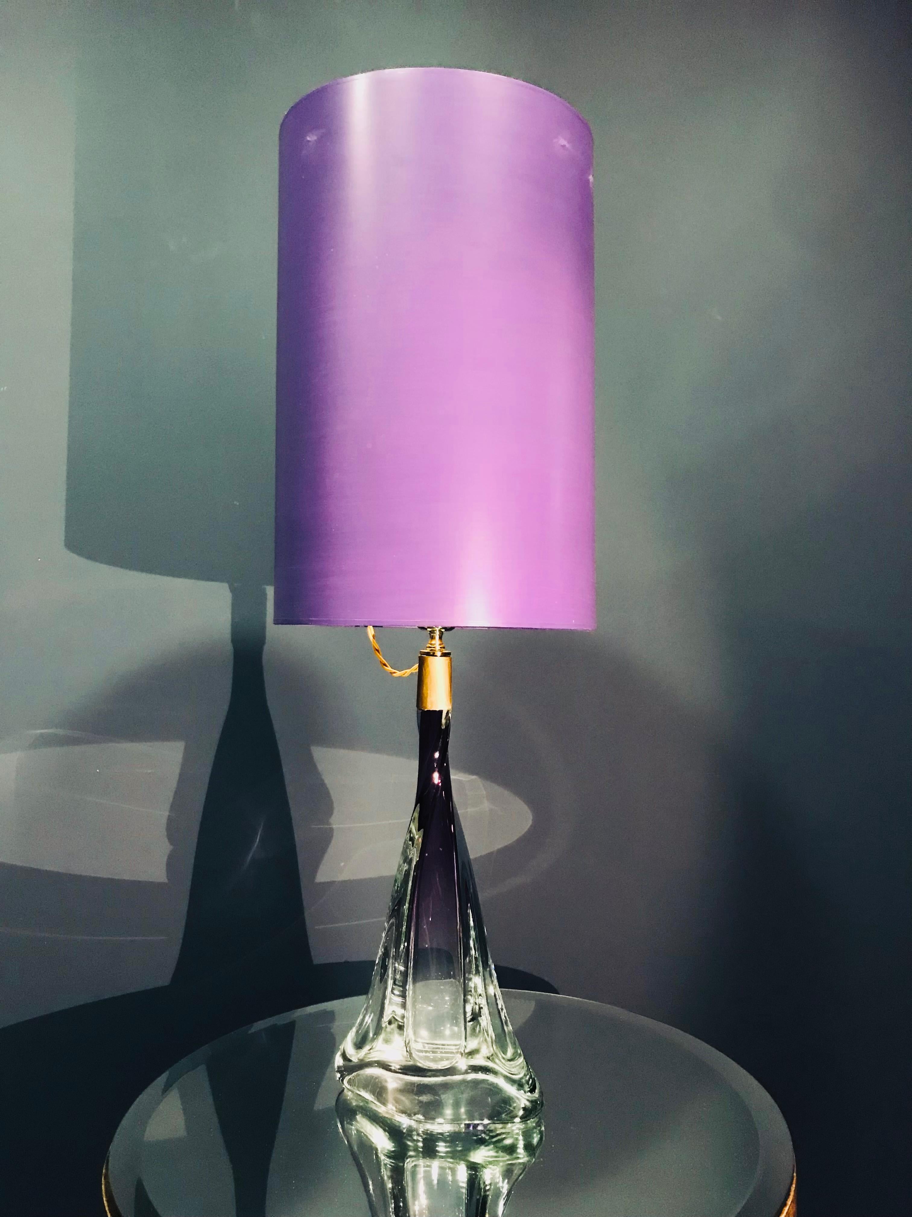 Glass Large Purple Crystal Table Lamp, Signed by Vannes Le Chatel, France For Sale