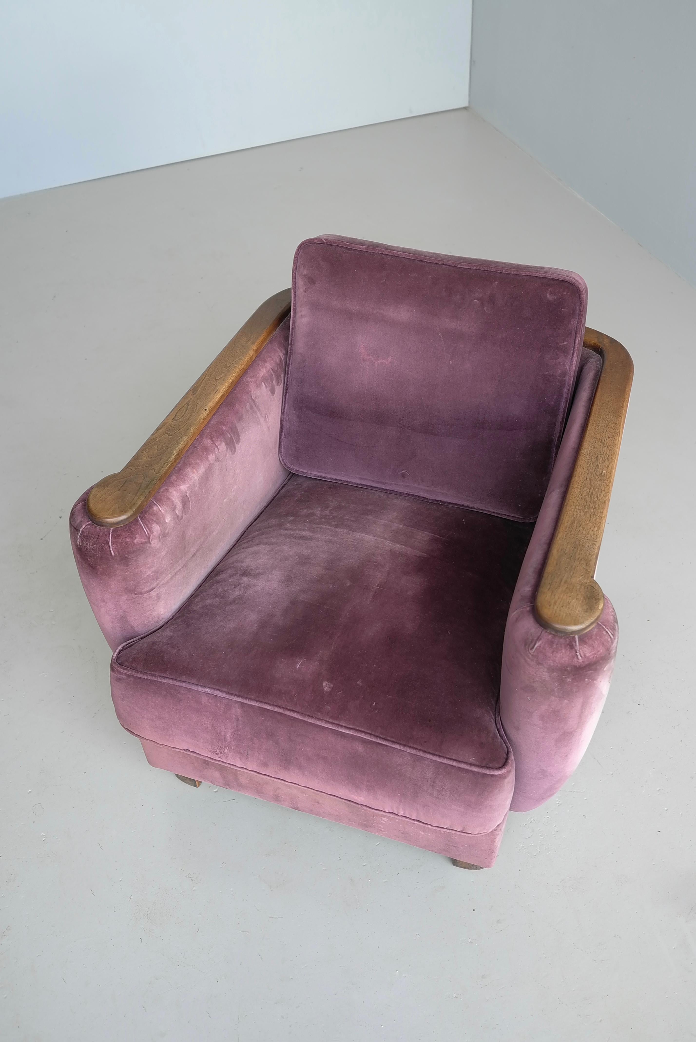 Fabric Purple Velvet and Wooden Art Deco Lounge Chair, France 1930's For Sale