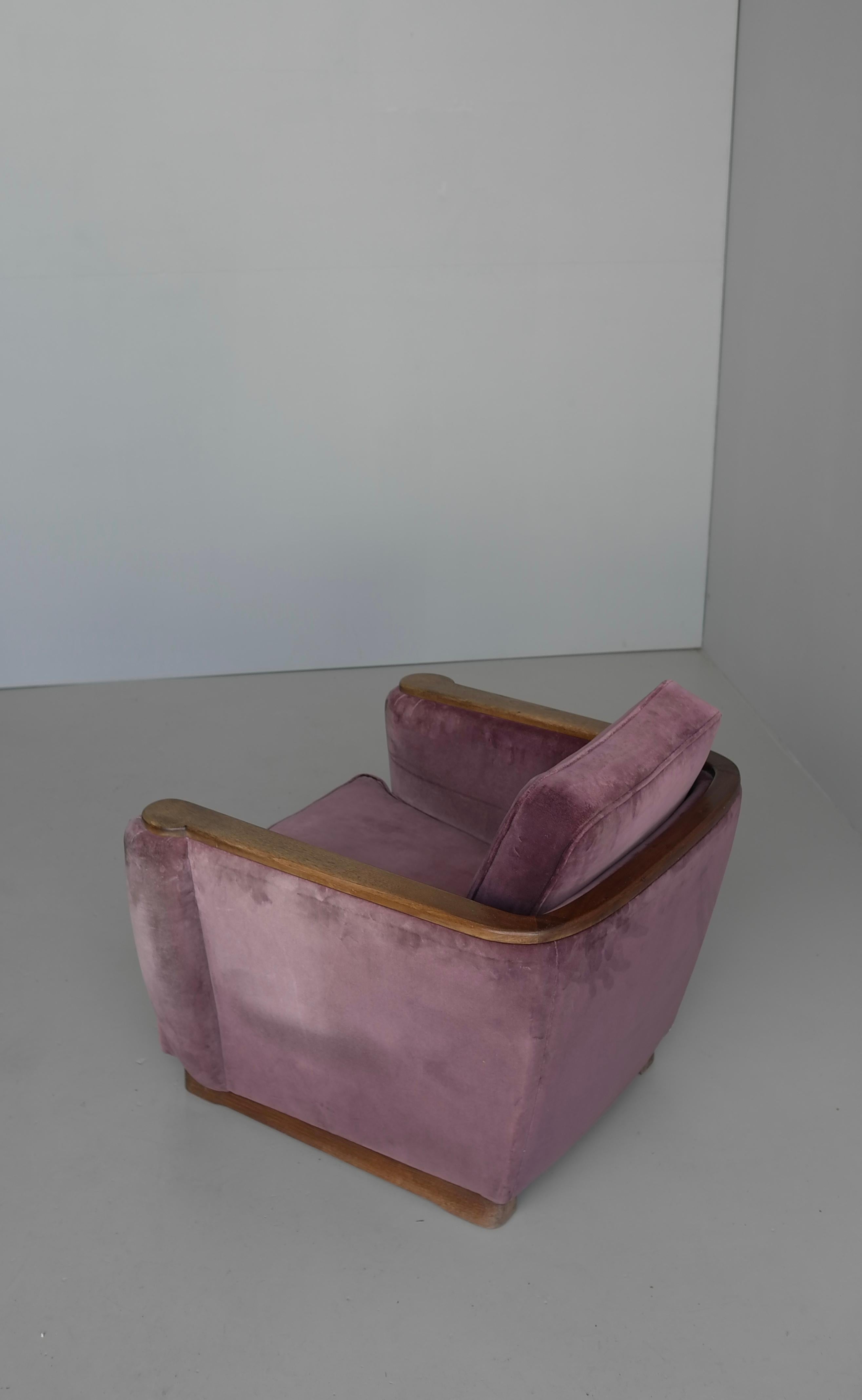 Purple Velvet and Wooden Art Deco Lounge Chair, France 1930's For Sale 3