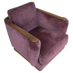 Purple Velvet and Wooden Art Deco Lounge Chair, France 1930's