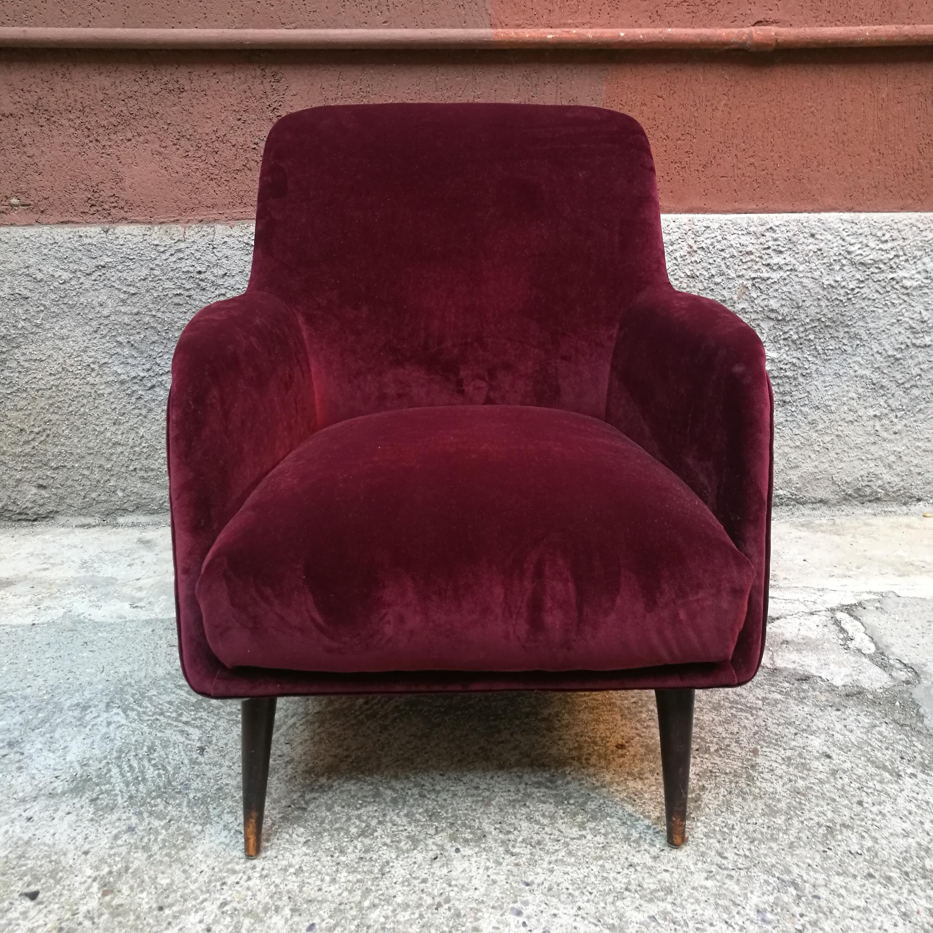 Italian Purple Velvet Armchair, Carlo de Carli for Cassina, Italy 1950