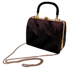 Purple Velvet Floral Print Top Handle Evening Bag With Chain circa 1960s