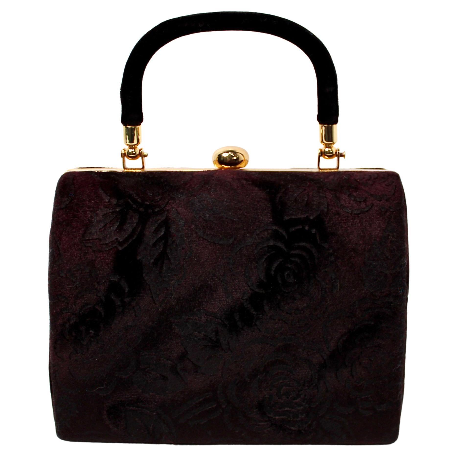 Purple Velvet Floral Print Top Handle Evening Bag With Chain circa 1960s