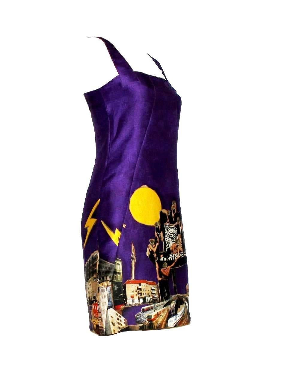GORGEOUS VERSACE SILK DRESS

WITH AMAZING ART PRINT BY FAMOUS TIM ROELOFF

Roeloffs fused images from old ad campaigns with his trademark scenes of Berlin. The results range from people waiting for the tram dressed in Versace outfits from the 1980s,