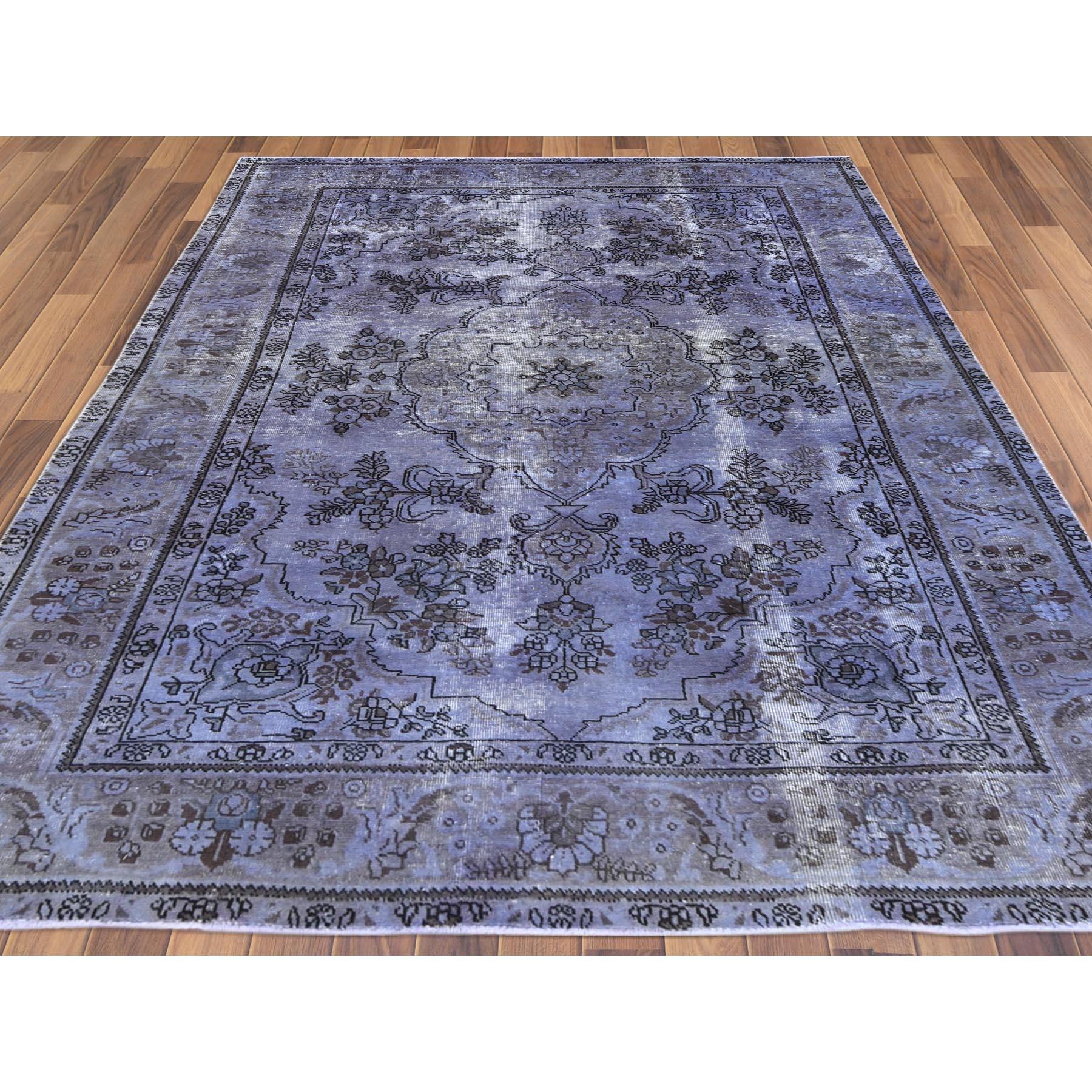 Hand-Knotted Purple Vintage Overdyed Persian Tabriz Distressed Worn Wool Hand Knotted Rug For Sale
