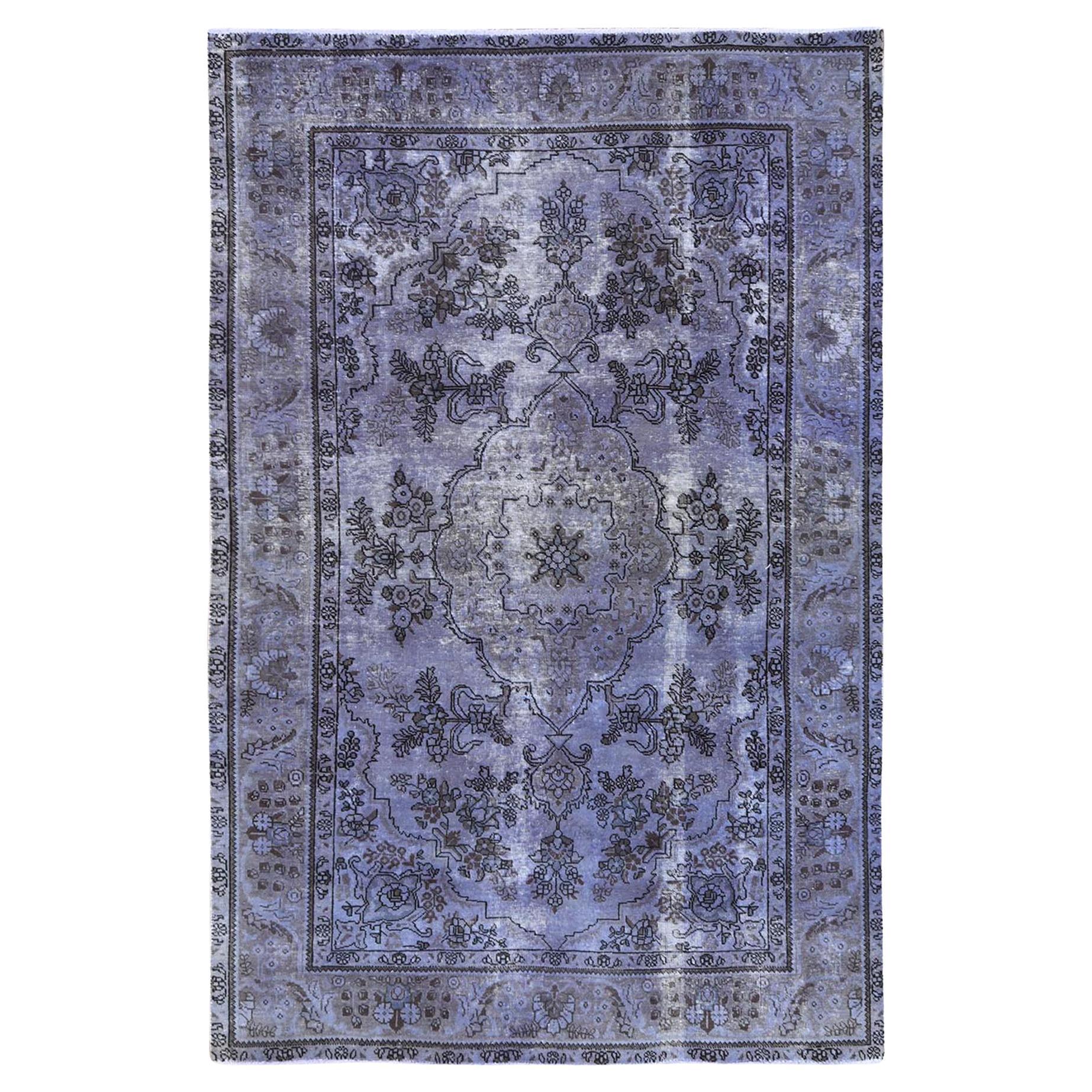 Purple Vintage Overdyed Persian Tabriz Distressed Worn Wool Hand Knotted Rug For Sale