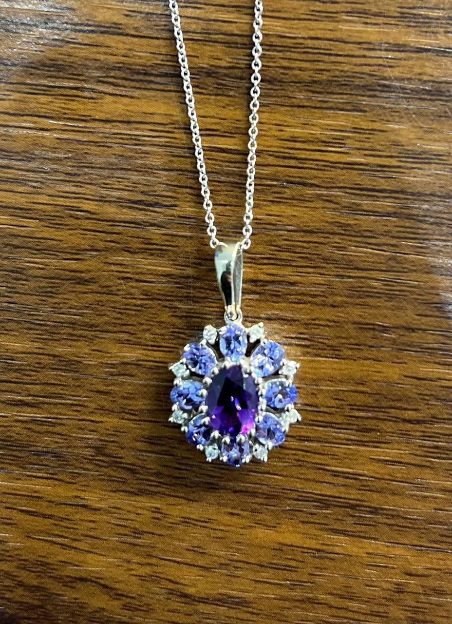 Oval Cut Purple Violet Amethyst & Blue Sapphire Diamond 14K White Gold Pendant Necklace For Sale