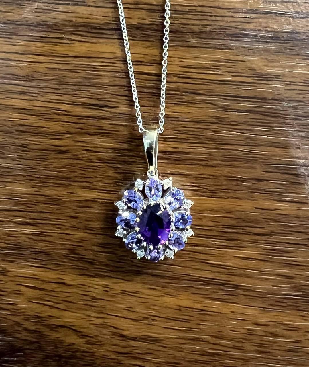 Purple Violet Amethyst & Blue Sapphire Diamond 14K White Gold Pendant Necklace In New Condition For Sale In Oakton, VA
