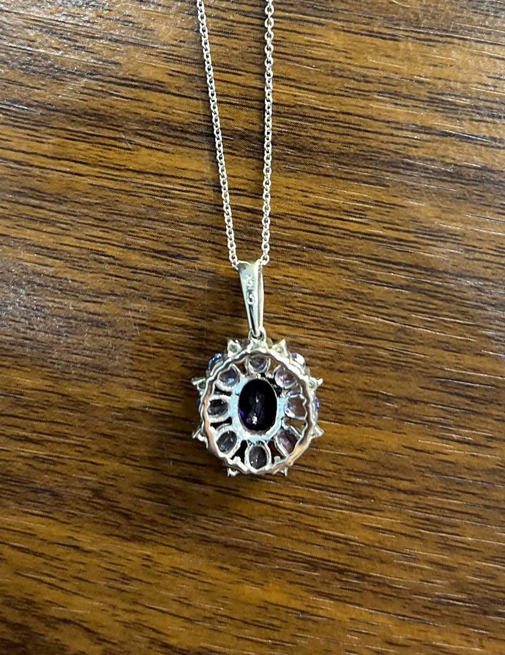 Women's Purple Violet Amethyst & Blue Sapphire Diamond 14K White Gold Pendant Necklace For Sale