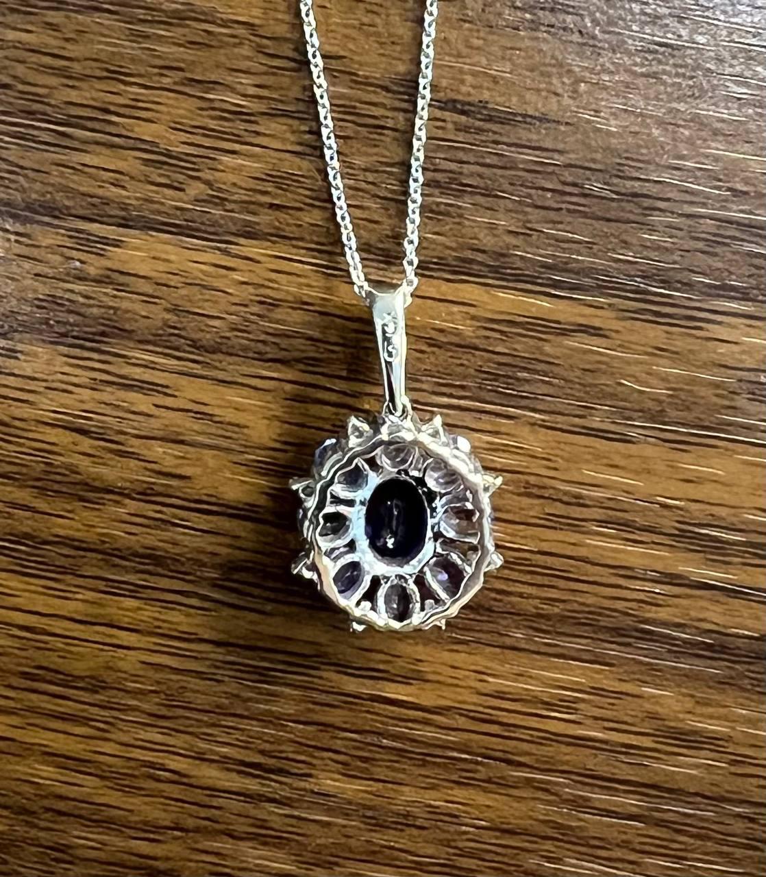 Purple Violet Amethyst & Blue Sapphire Diamond 14K White Gold Pendant Necklace For Sale 1