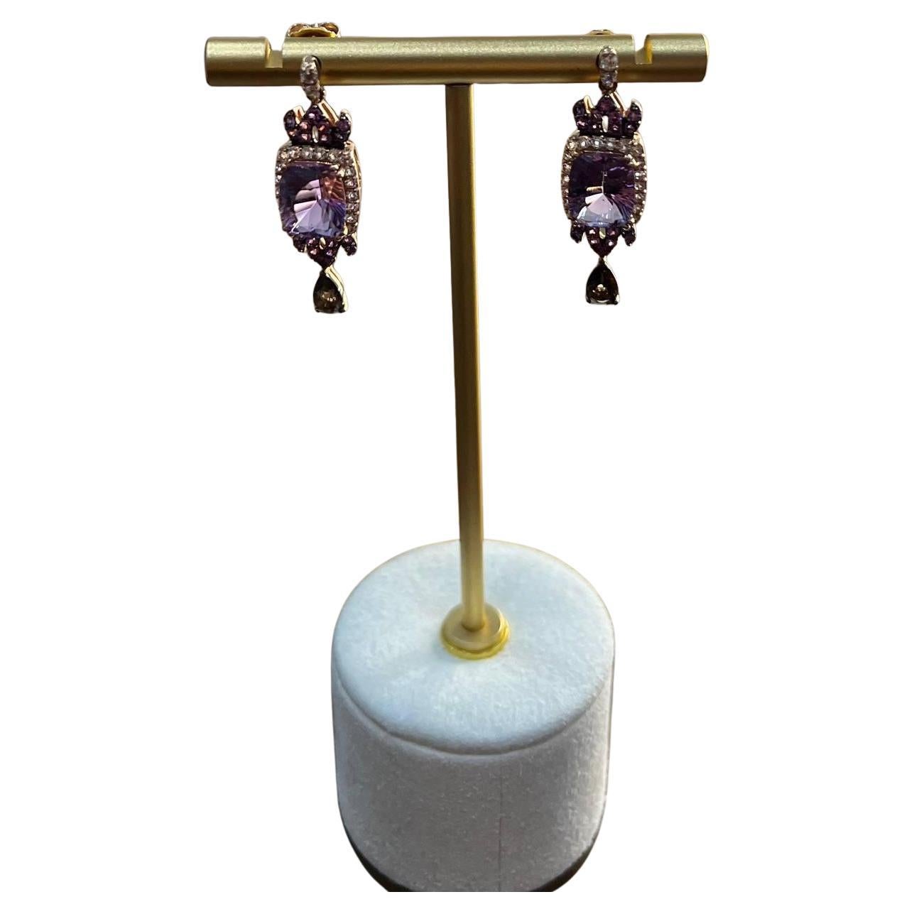 Purple Violet Amethyst Diamond Halo 14K Rose Gold Drop Statement Earrings
