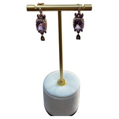 Purple Violet Amethyst Diamond Halo 14K Rose Gold Drop Statement Earrings