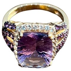 Purple Violet Amethyst Diamond Halo 14K Rose Gold Drop Statement Ring