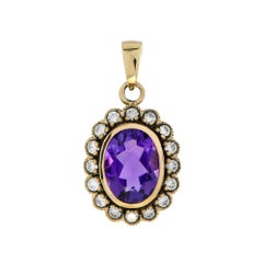 Ciondolo in oro 14K con ametista viola e diamante in stile vintage
