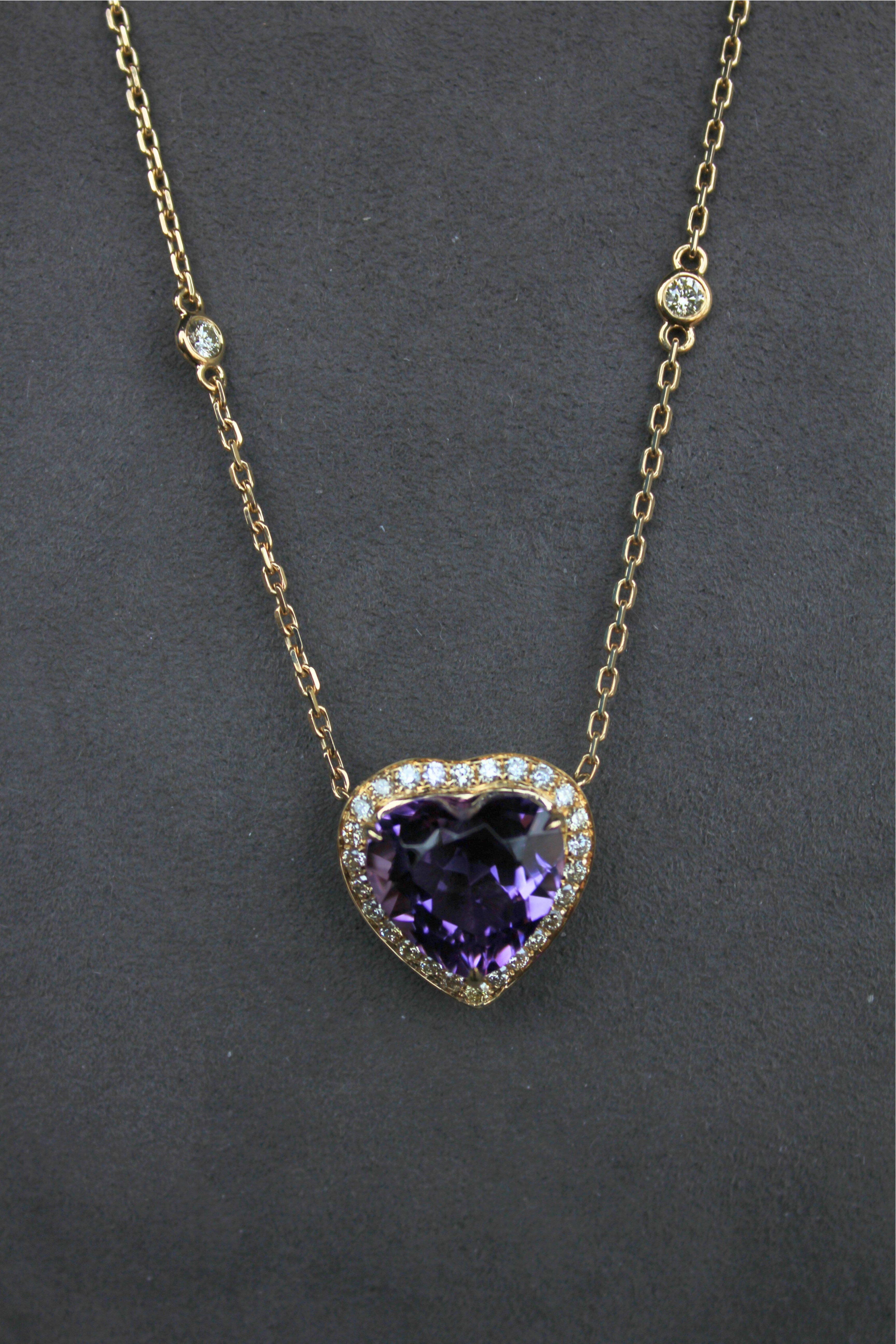 Purple Violet Amethyst Heart Shape Cut Diamond Halo 18K Gold Pendant Necklace For Sale 6