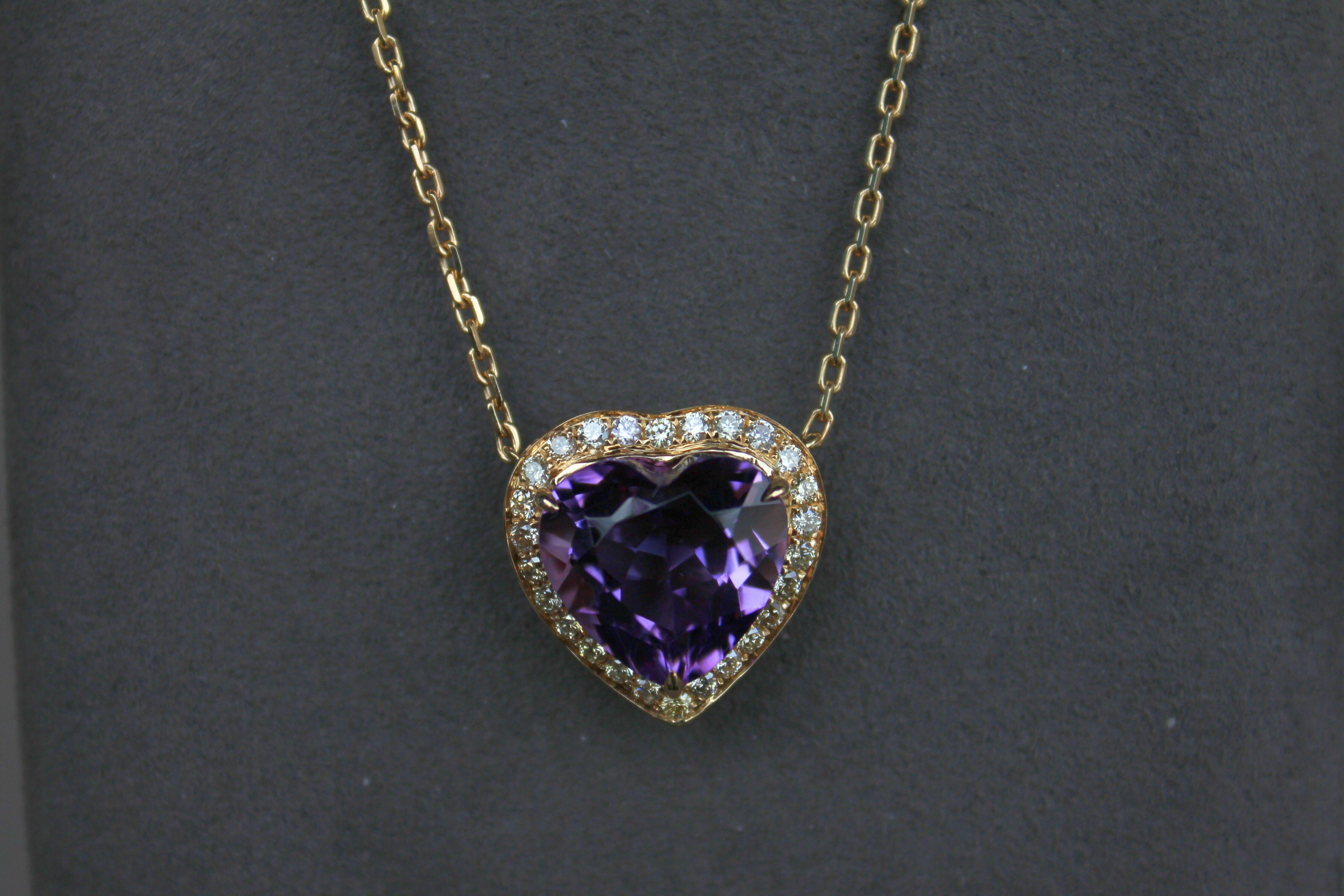 Purple Violet Amethyst Heart Shape Cut Diamond Halo 18K Gold Pendant Necklace For Sale 10