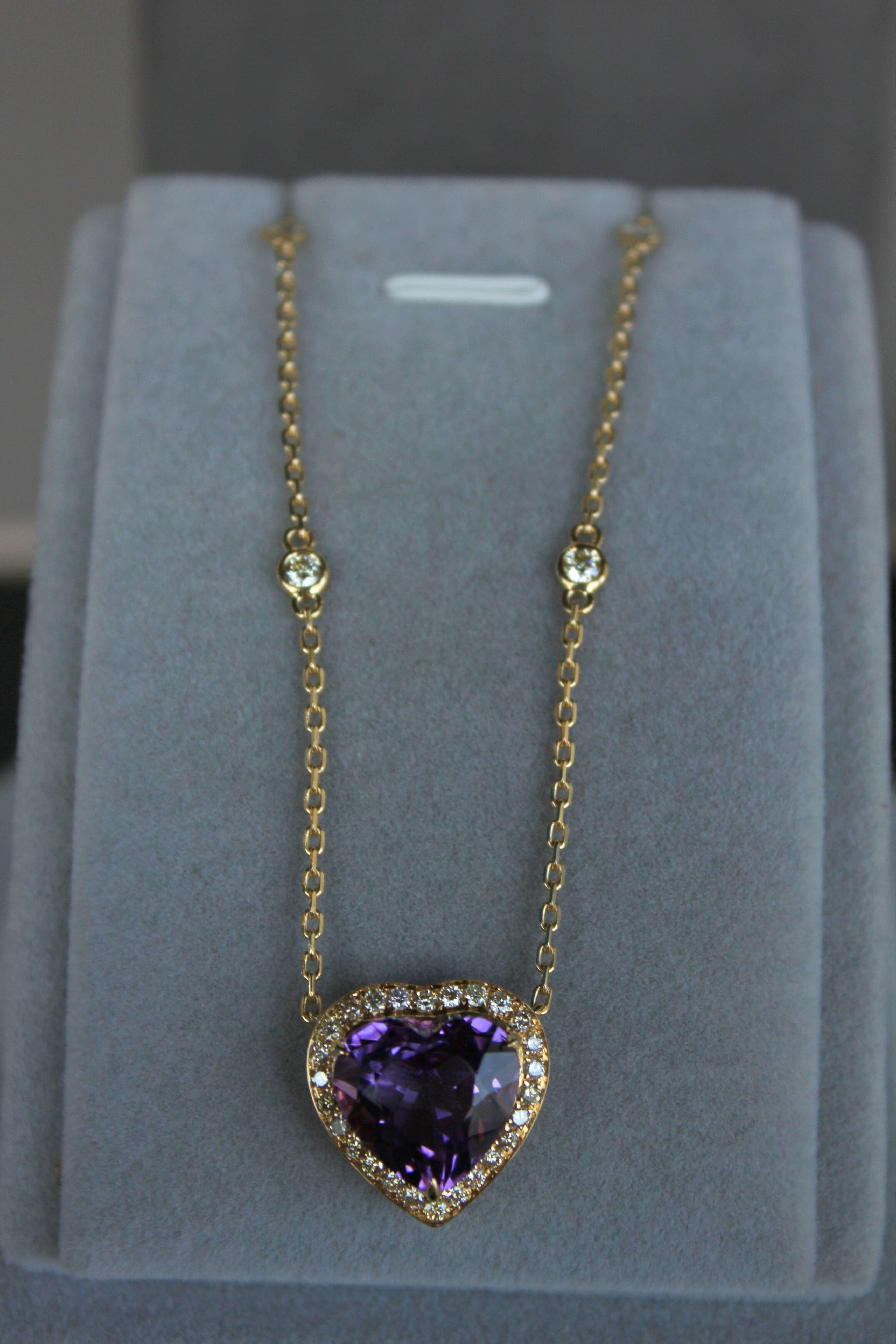 Purple Violet Amethyst Heart Shape Cut Diamond Halo 18K Gold Pendant Necklace For Sale 11