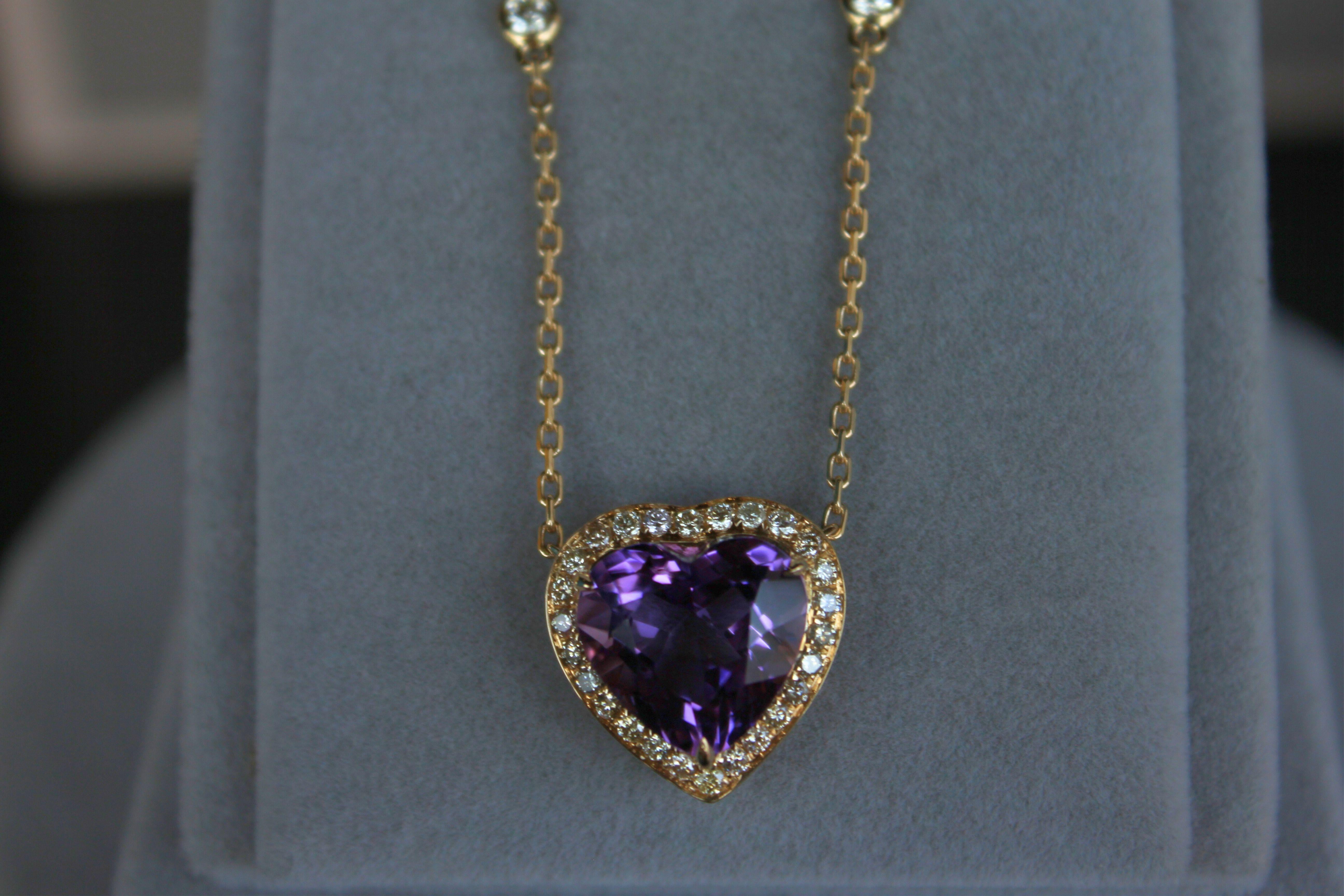 Purple Violet Amethyst Heart Shape Cut Diamond Halo 18K Gold Pendant Necklace For Sale 12