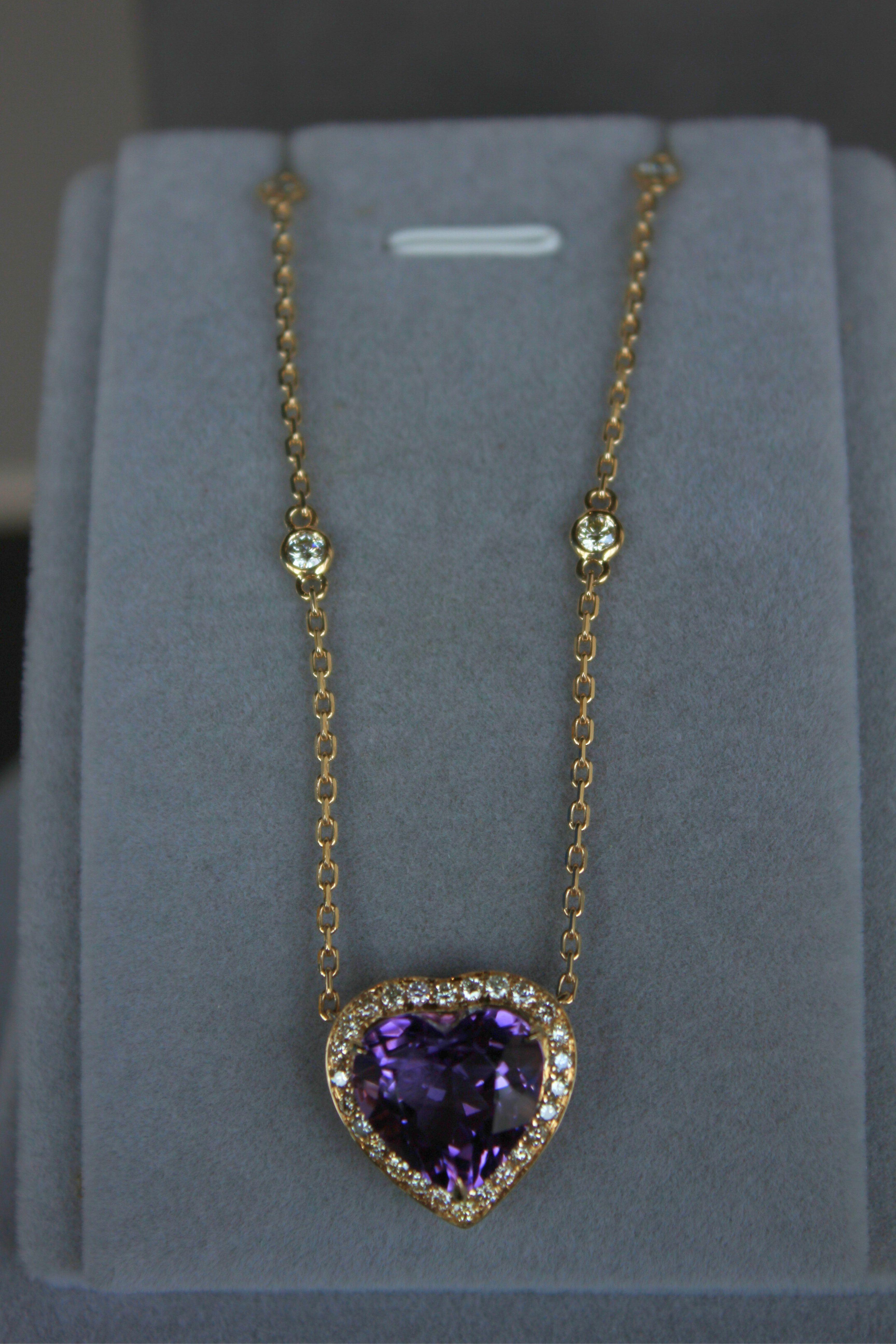 Purple Violet Amethyst Heart Shape Cut Diamond Halo 18K Gold Pendant Necklace For Sale 13