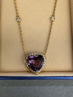 Purple Violet Amethyst Heart Shape Cut Diamond Halo 18K Gold Pendant Necklace