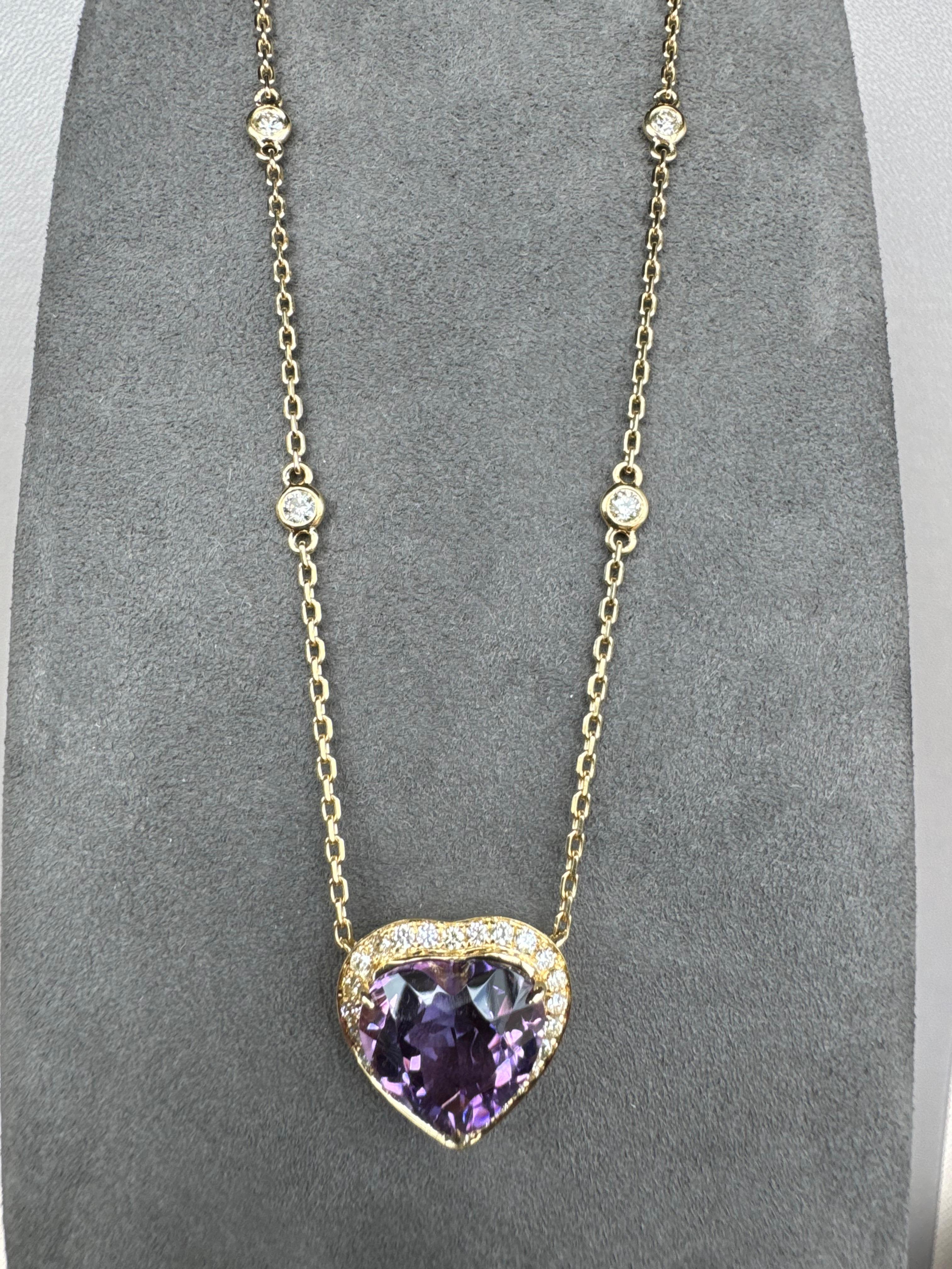 Heart Cut Purple Violet Amethyst Heart Shape Cut Diamond Halo 18K Gold Pendant Necklace For Sale