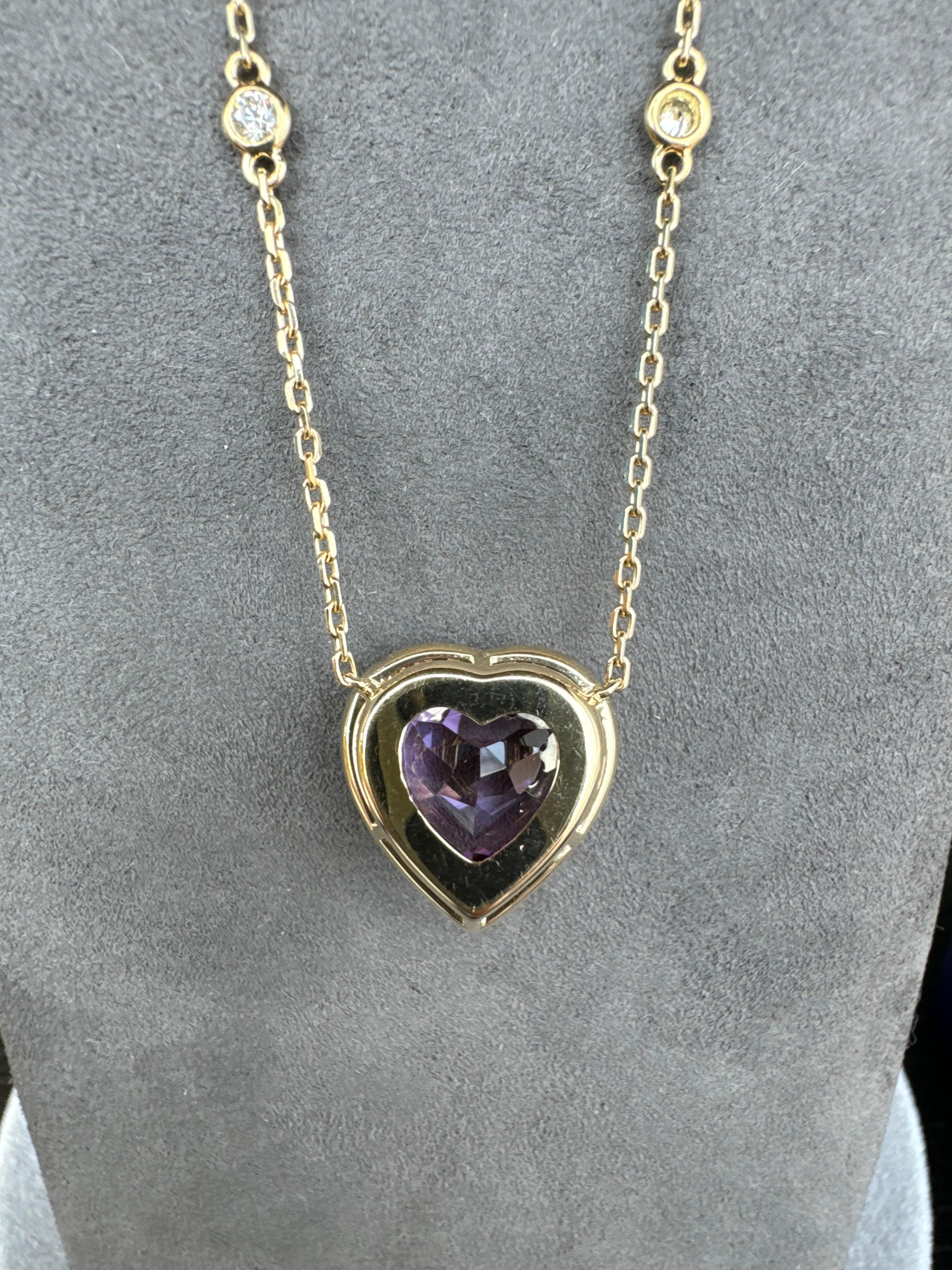 Purple Violet Amethyst Heart Shape Cut Diamond Halo 18K Gold Pendant Necklace In New Condition For Sale In Oakton, VA