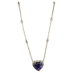 Purple Violet Amethyst Heart Shape Cut Diamond Halo 18K Gold Pendant Necklace