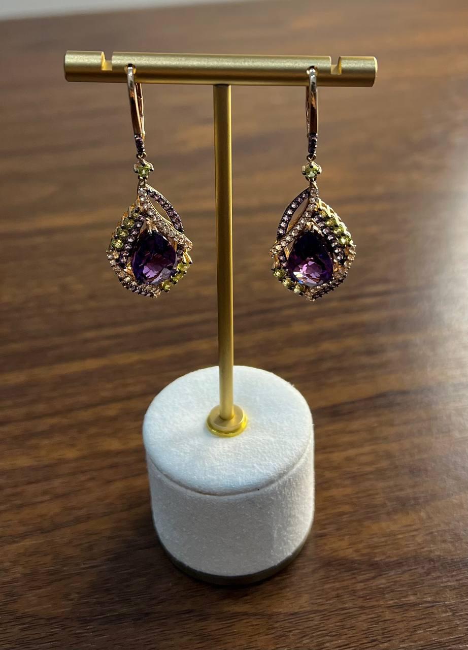 Purple Violet Amethyst Multi Pavé-Set Diamonds Halo 14K Rose Gold Drop Earrings In New Condition For Sale In Oakton, VA