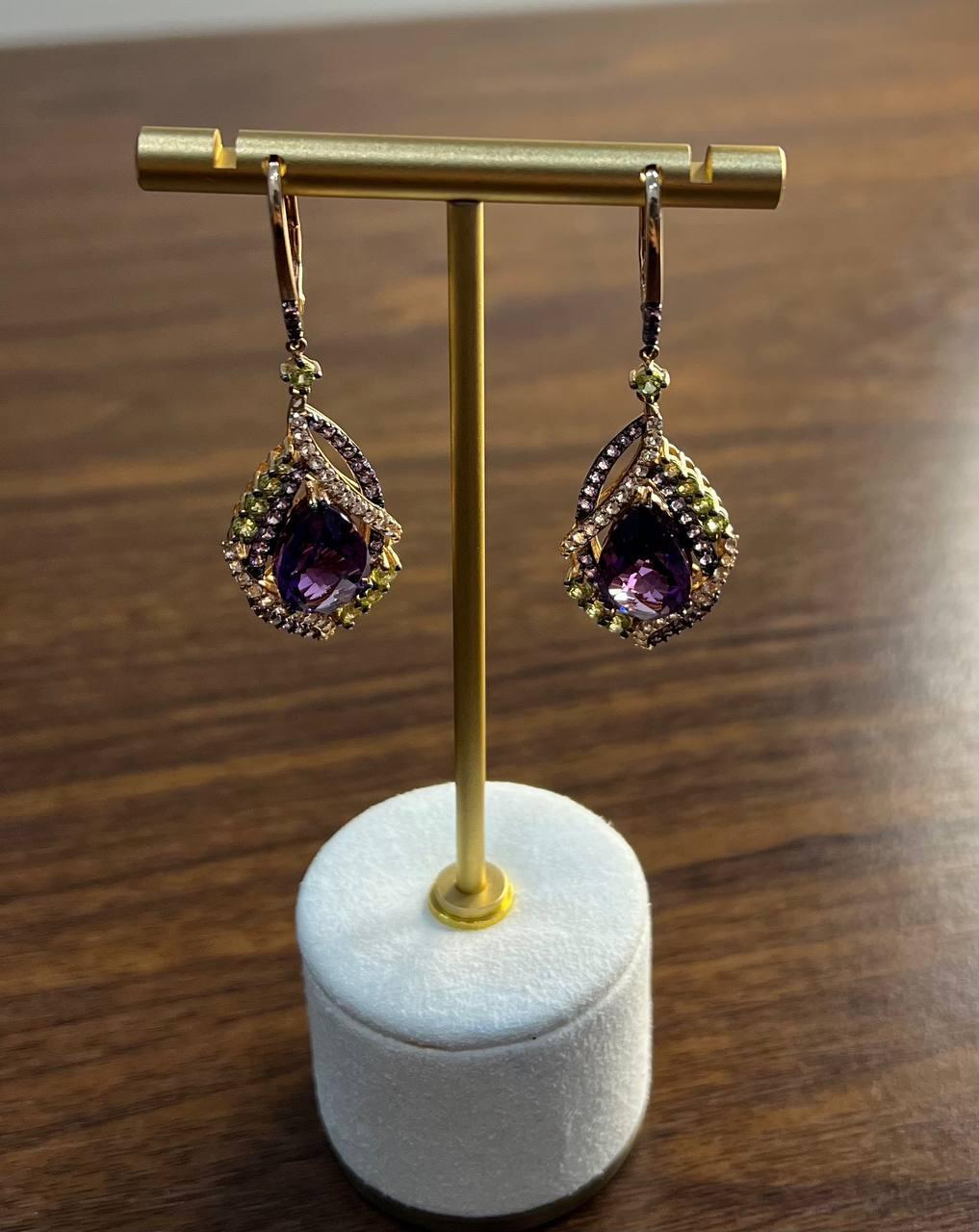 Women's Purple Violet Amethyst Multi Pavé-Set Diamonds Halo 14K Rose Gold Drop Earrings For Sale