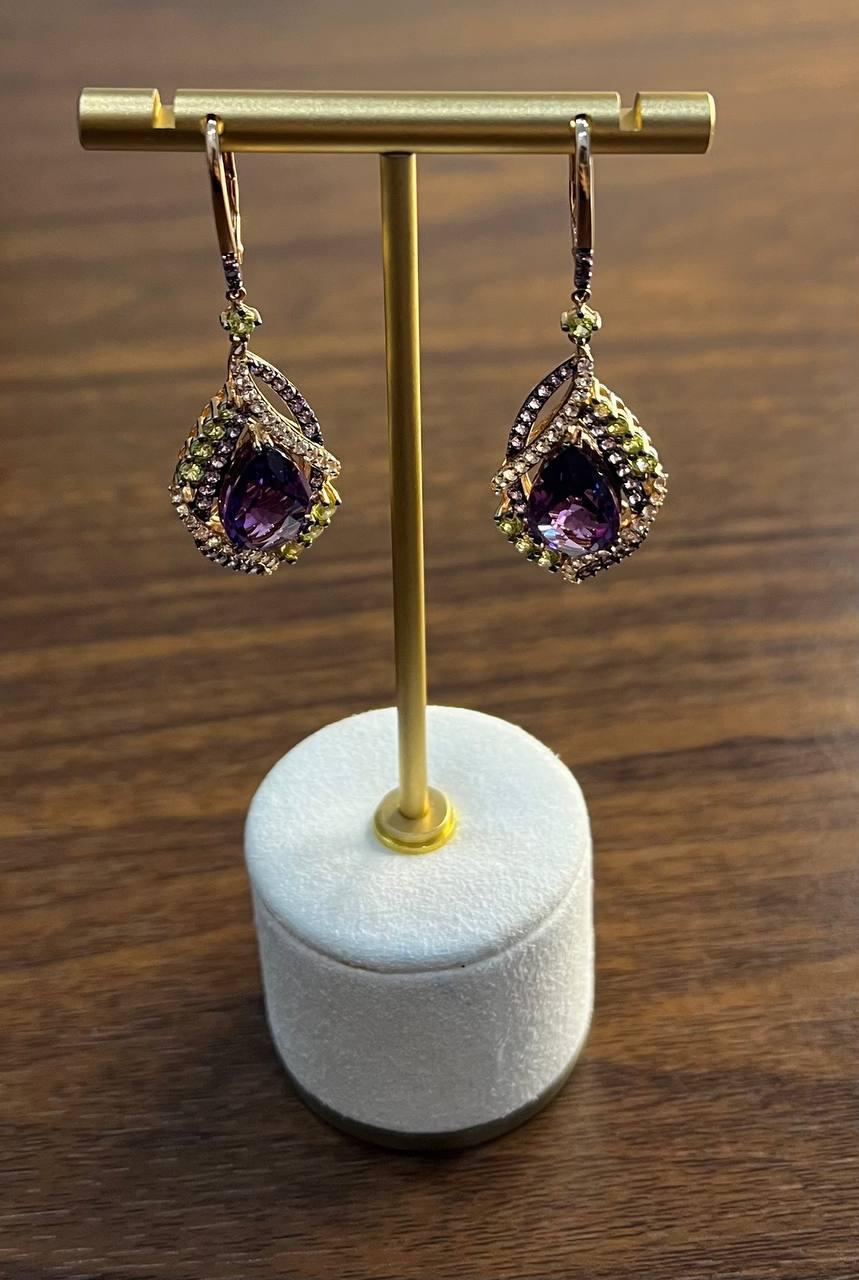 Purple Violet Amethyst Multi Pavé-Set Diamonds Halo 14K Rose Gold Drop Earrings For Sale 1