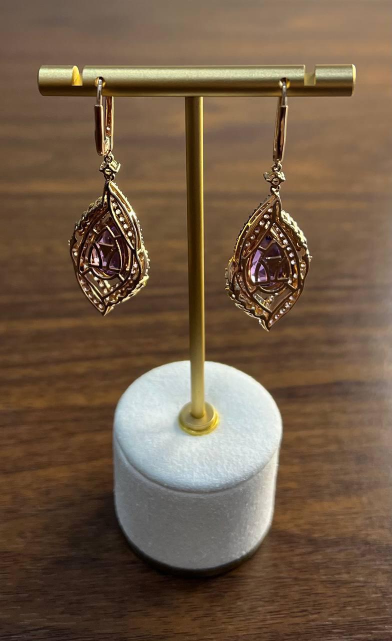 Purple Violet Amethyst Multi Pavé-Set Diamonds Halo 14K Rose Gold Drop Earrings For Sale 2