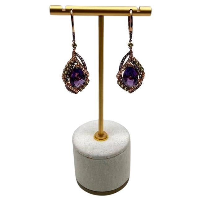 Purple Violet Amethyst Multi Pavé-Set Diamonds Halo 14K Rose Gold Drop Earrings For Sale
