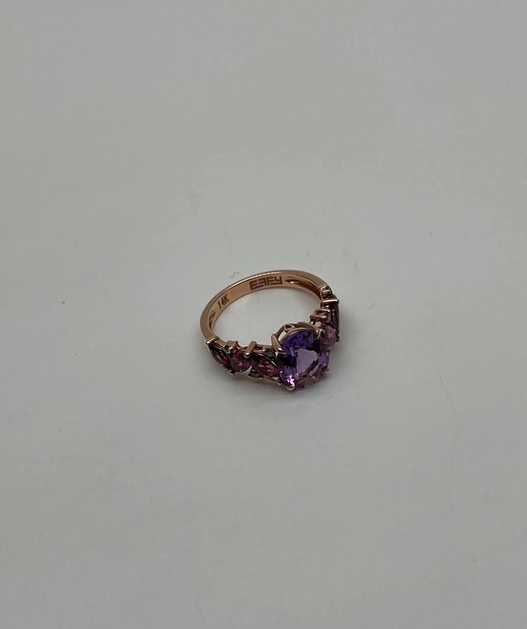 Round Cut Purple Violet Amethyst & Rhodolite Garnet Diamonds 14K Rose Gold Statement Ring For Sale
