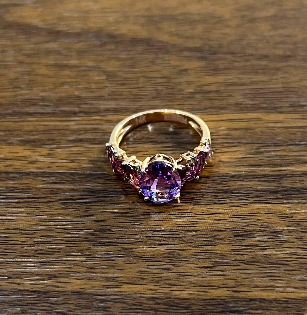 Purple Violet Amethyst & Rhodolite Garnet Diamonds 14K Rose Gold Statement Ring In New Condition For Sale In Oakton, VA