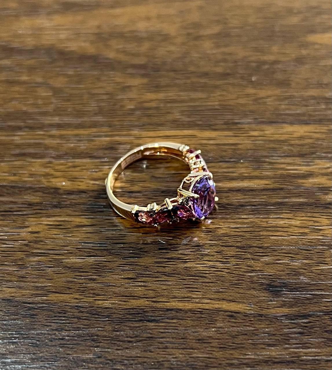 Women's Purple Violet Amethyst & Rhodolite Garnet Diamonds 14K Rose Gold Statement Ring For Sale