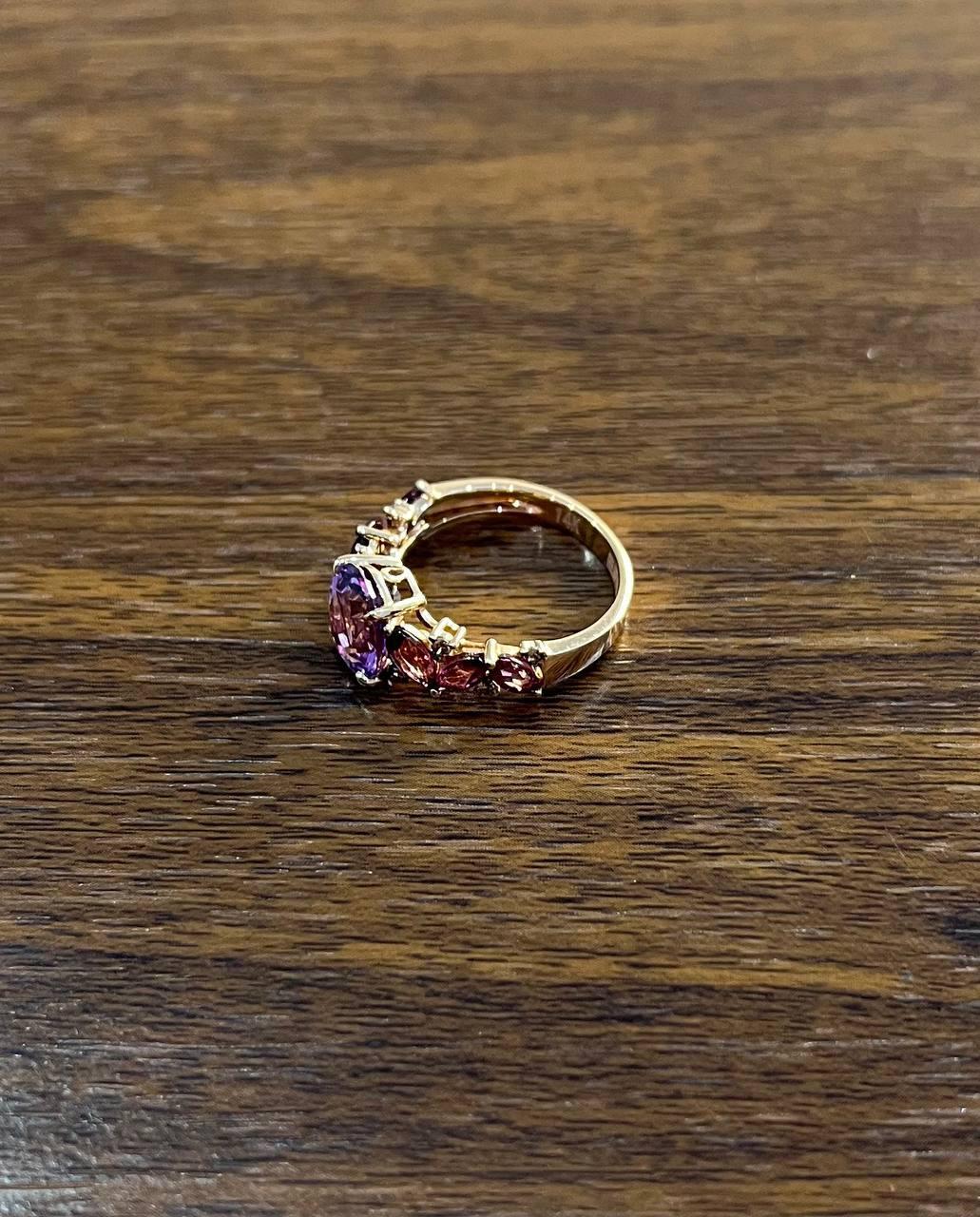 Purple Violet Amethyst & Rhodolite Garnet Diamonds 14K Rose Gold Statement Ring For Sale 1