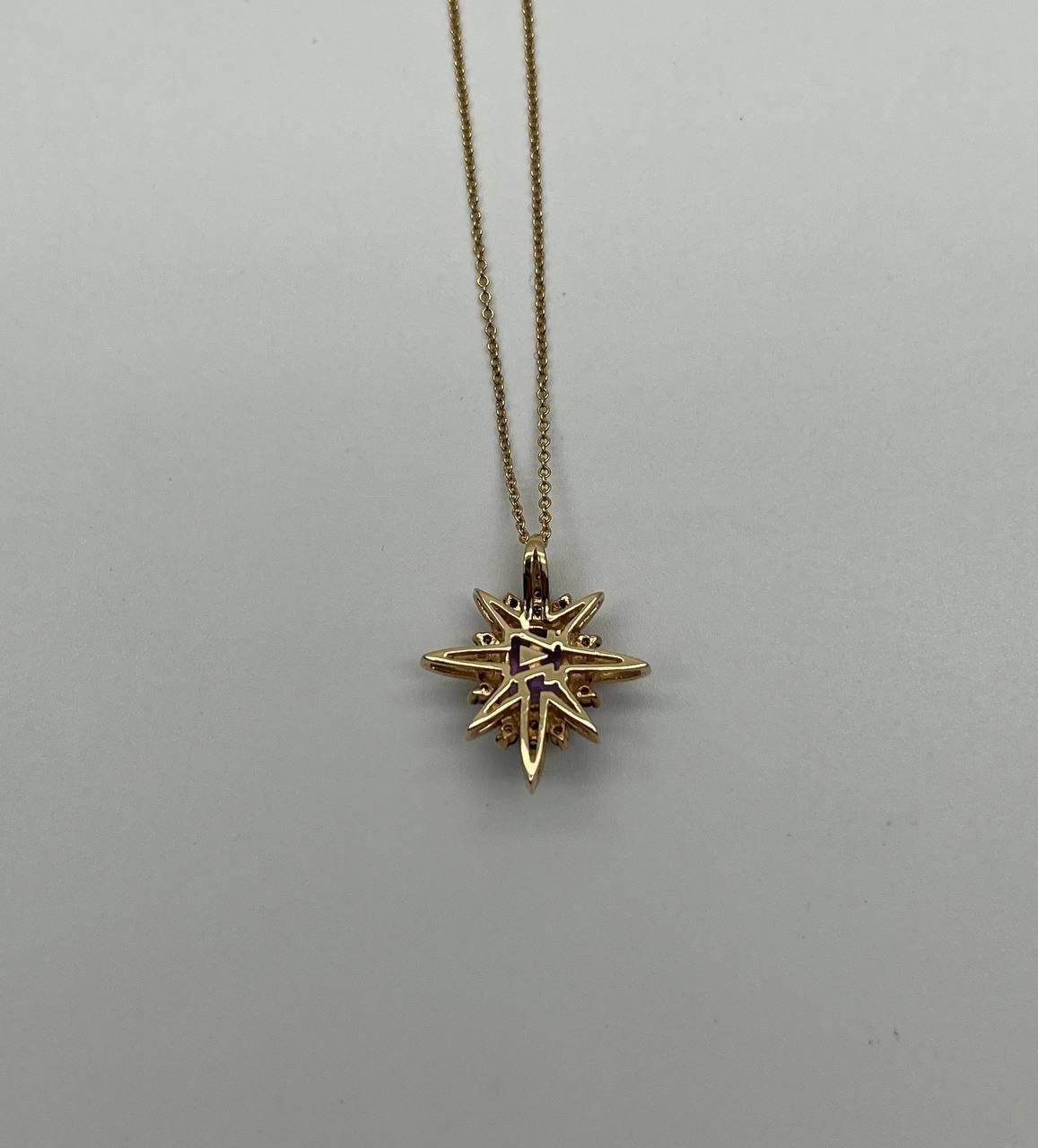 Purple Violet Amethyst Starburst Compass Diamonds Yellow Gold Pendant Necklace For Sale 5