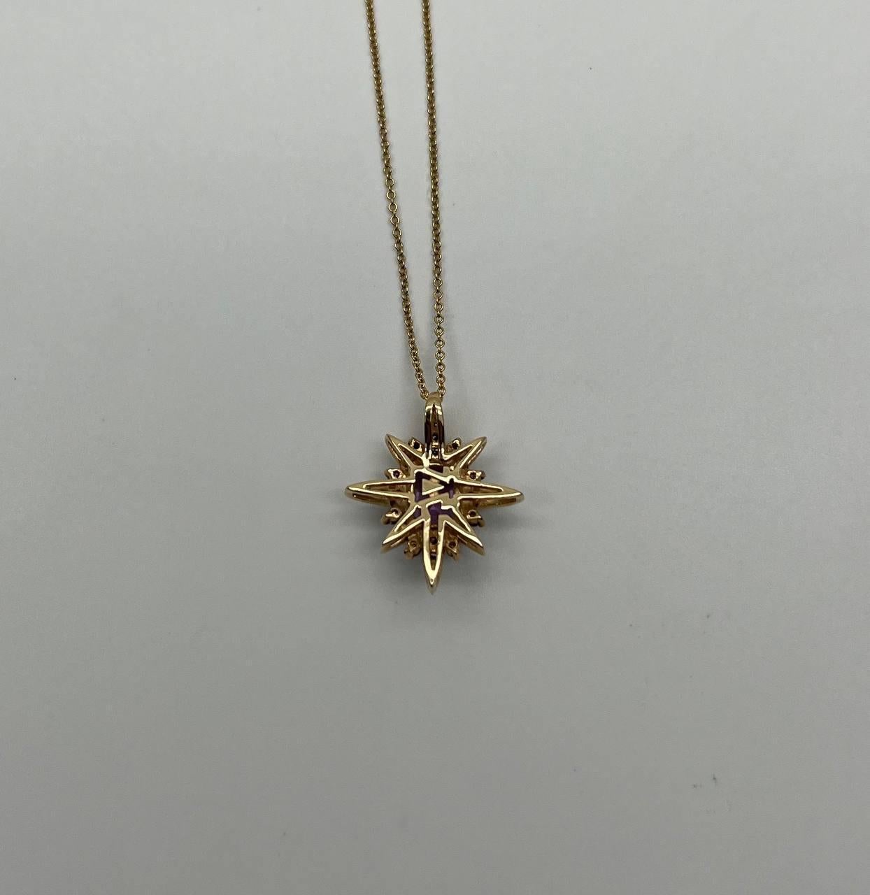 Purple Violet Amethyst Starburst Compass Diamonds Yellow Gold Pendant Necklace For Sale 6
