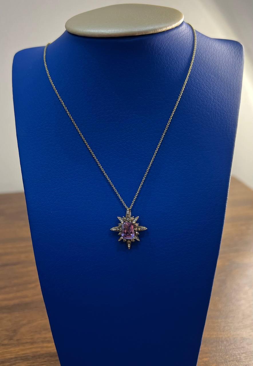 Purple Violet Amethyst Starburst Compass Diamonds Yellow Gold Pendant Necklace For Sale 2