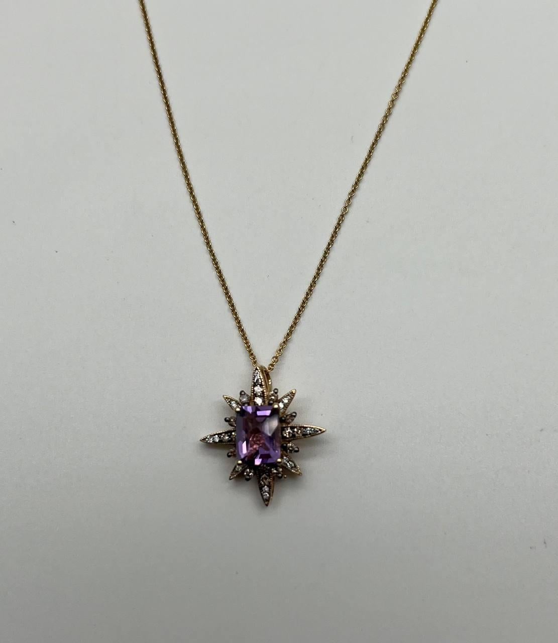 Purple Violet Amethyst Starburst Compass Diamonds Yellow Gold Pendant Necklace For Sale 3