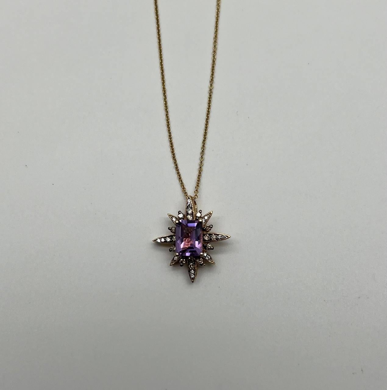 Purple Violet Amethyst Starburst Compass Diamonds Yellow Gold Pendant Necklace For Sale 4