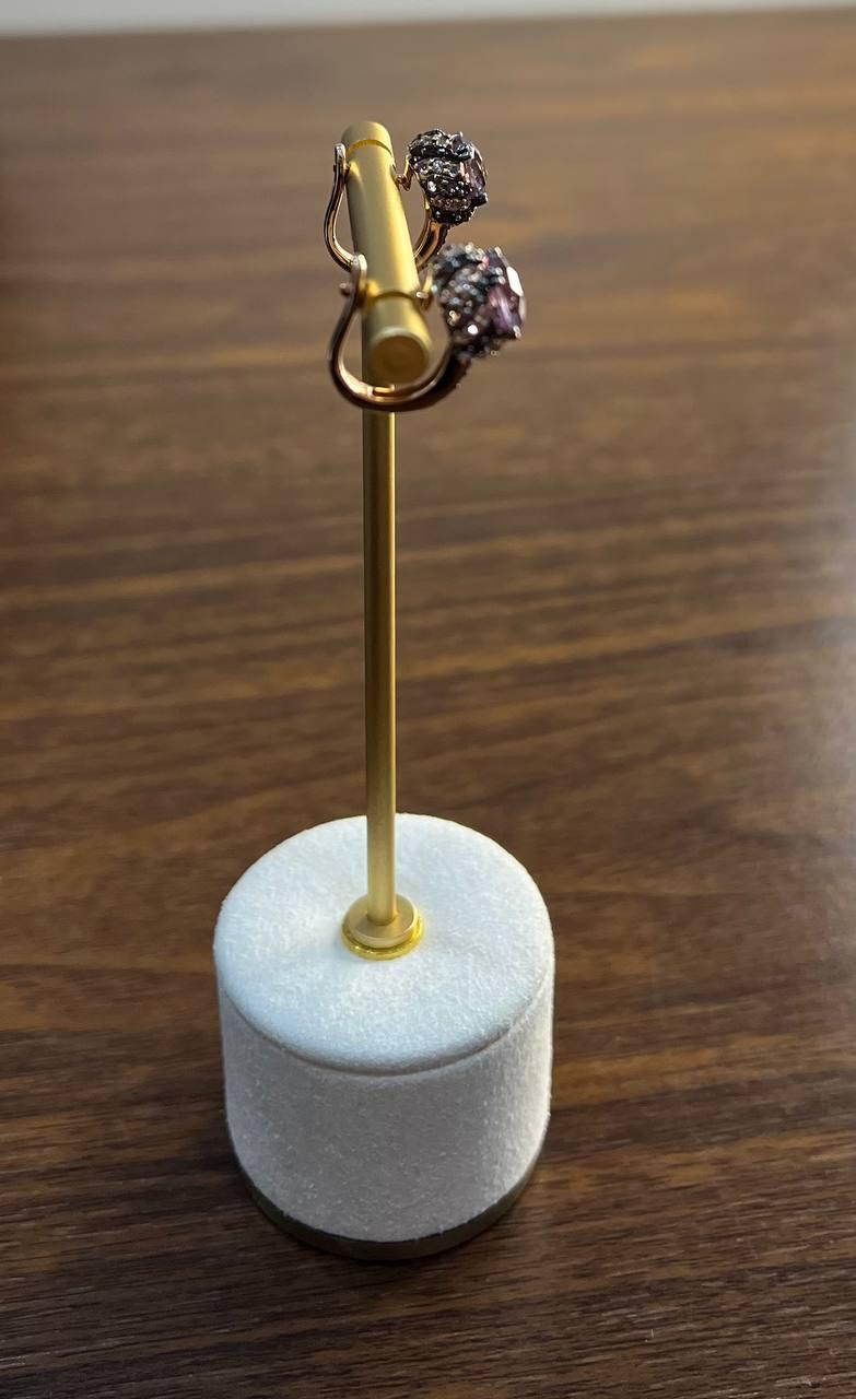 Round Cut Purple Violet Amethyst White Brown Diamonds Halo 14K Rose Gold Stud Earrings For Sale
