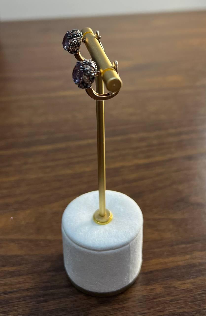 Purple Violet Amethyst White Brown Diamonds Halo 14K Rose Gold Stud Earrings In New Condition For Sale In Oakton, VA