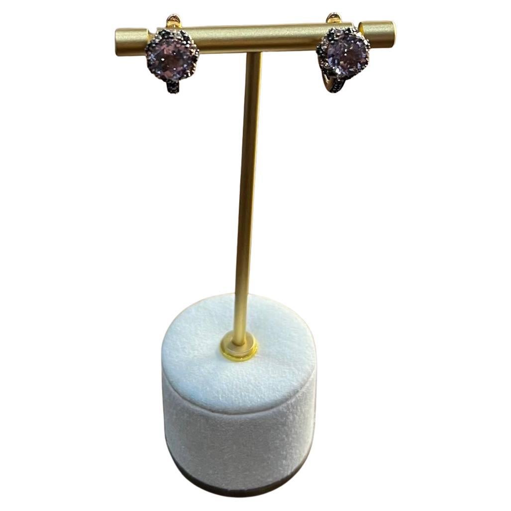 Purple Violet Amethyst White Brown Diamonds Halo 14K Rose Gold Stud Earrings