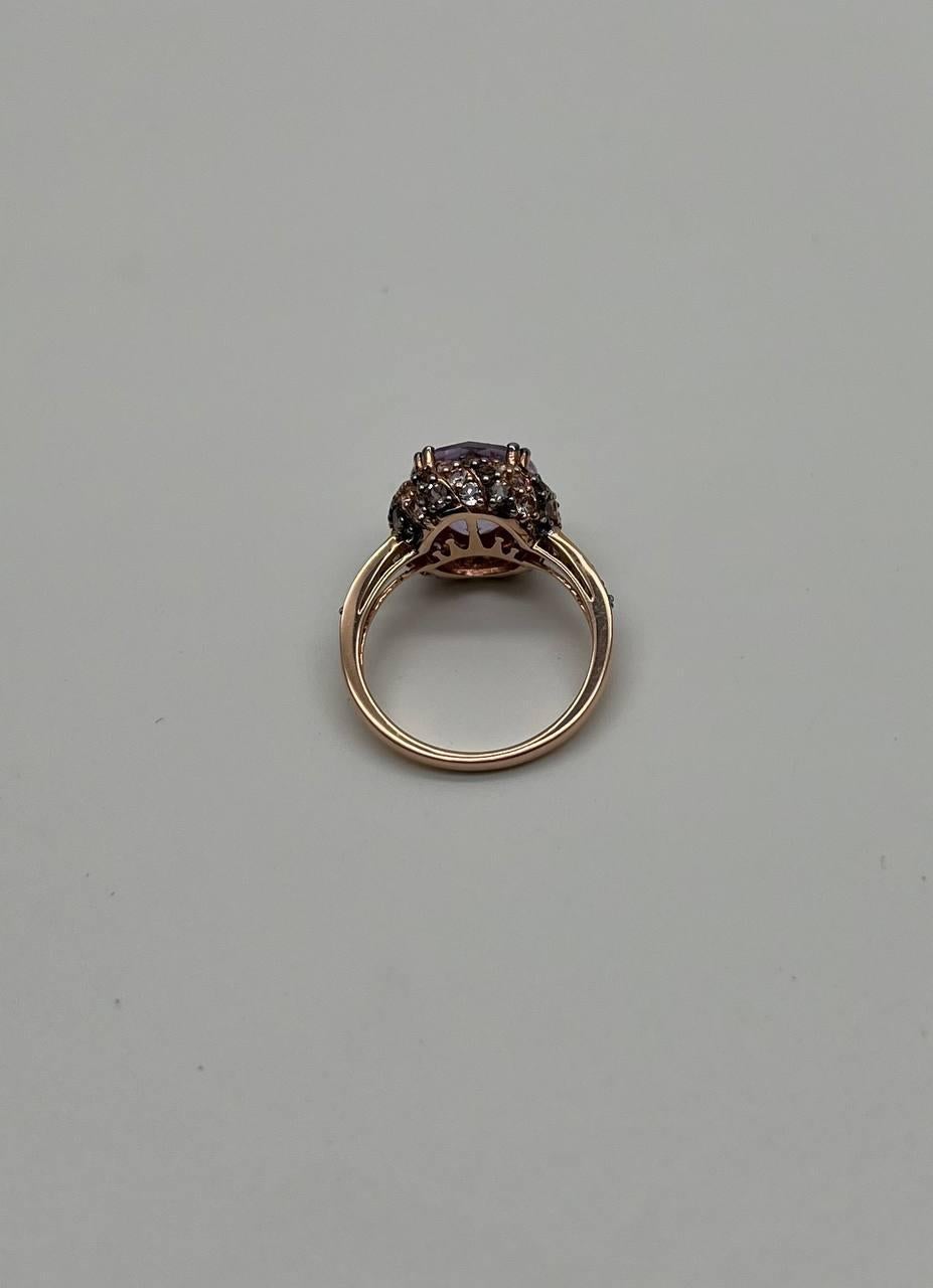 Purple Violet Amethyst White Brown Diamonds Pave Set Halo 14K Rose Gold Ring For Sale 5