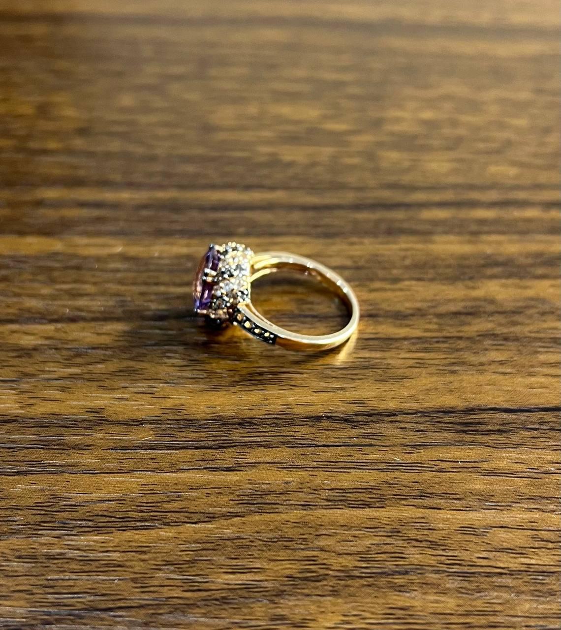 Round Cut Purple Violet Amethyst White Brown Diamonds Pave Set Halo 14K Rose Gold Ring For Sale